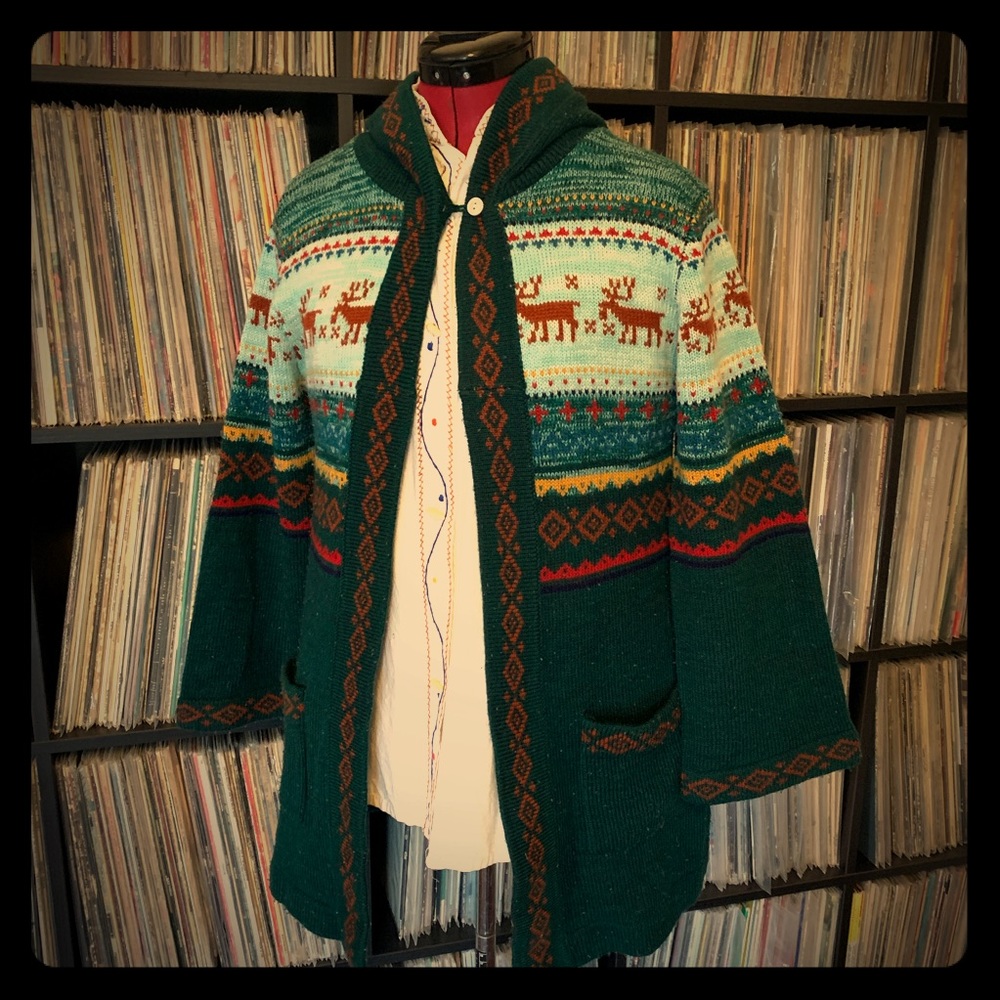 elf cloak vintage sweater 70s reindeer S hooded 💚